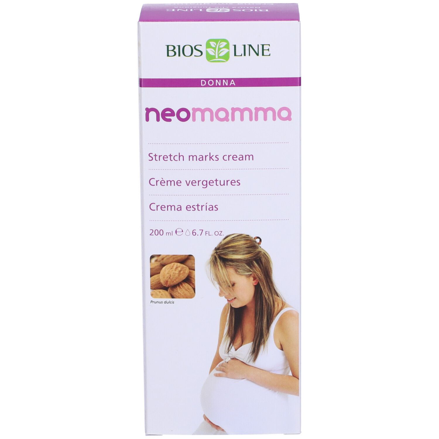 Emballage du produit. Nom et illustration du produit. Marque BIOSLINE, nom du produit NeoMamma. Texte en anglais et français.
