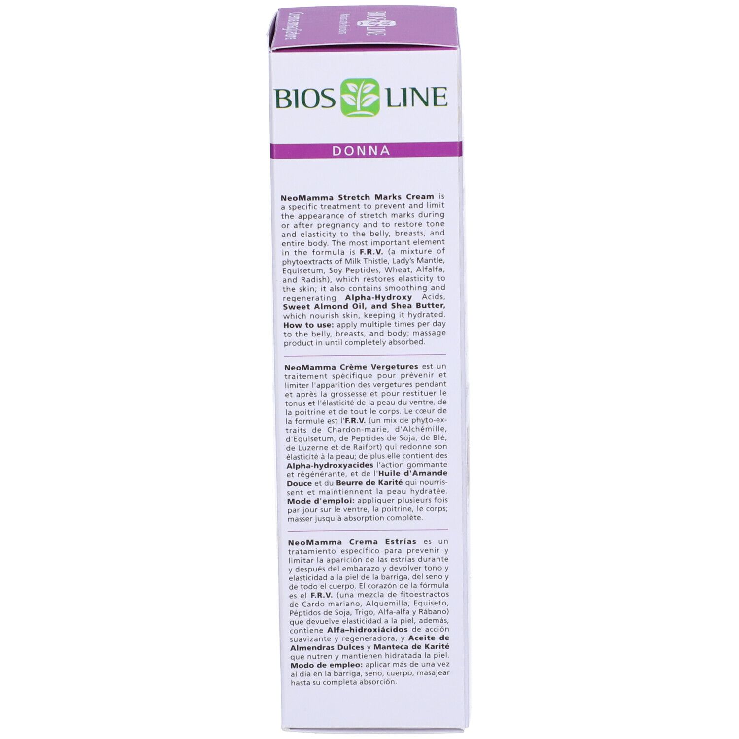 Vue latérale de l'emballage du produit. Texte en anglais, français et italien. Description du produit et utilisation.