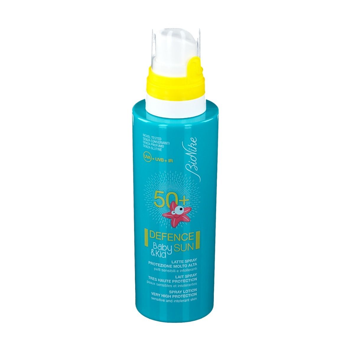 Flacon spray de lotion turquoise avec tête jaune. Inscription : Defence Baby Sun 50+ de BioNike.