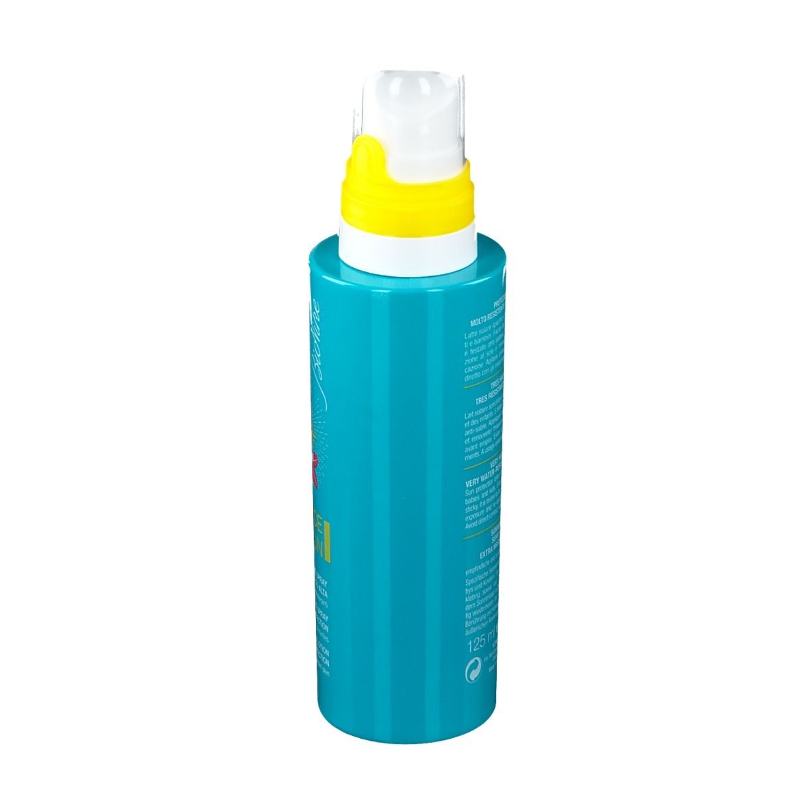 Flacon spray de lotion turquoise, vue latérale. Tête de pulvérisation jaune. Texte sur le flacon.