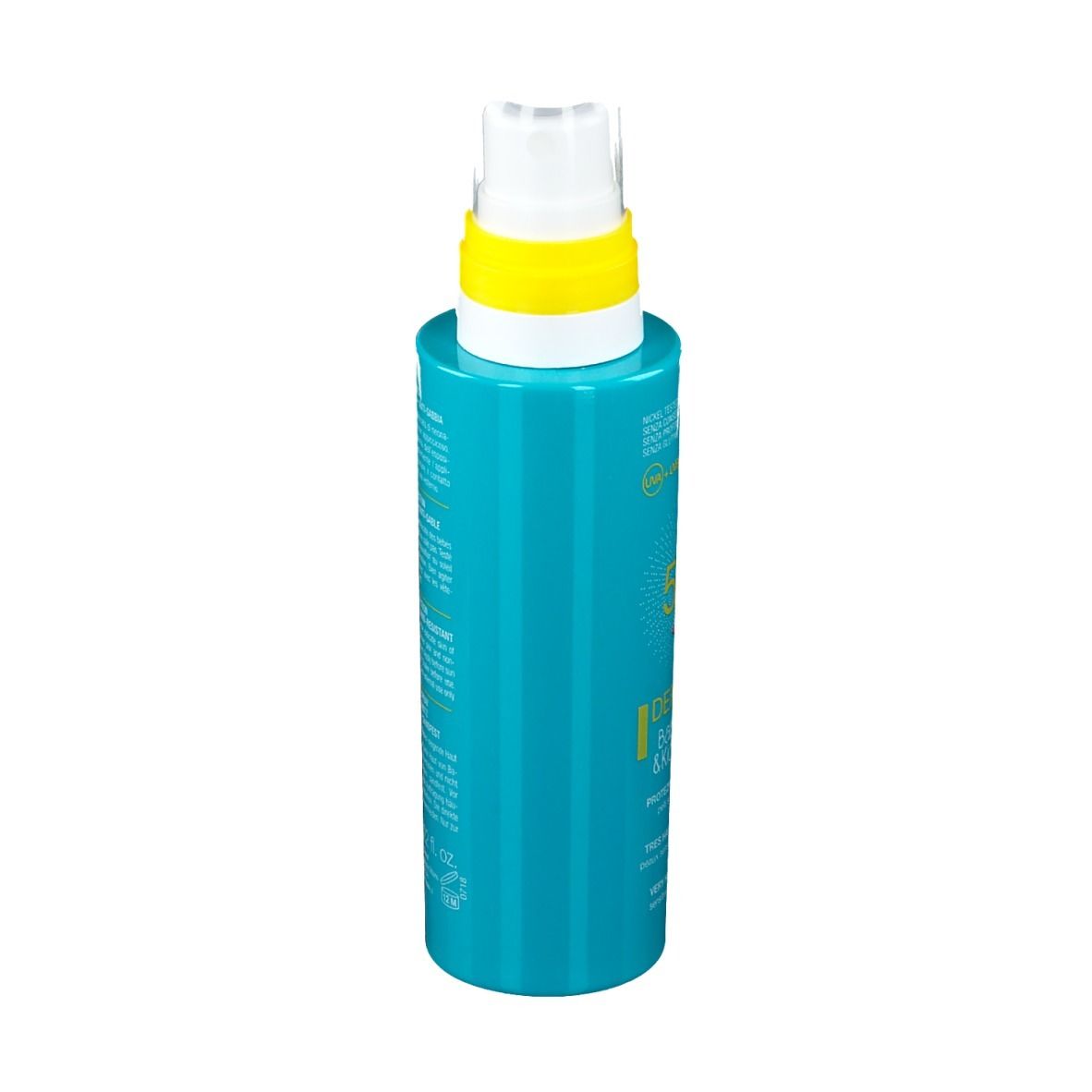 Flacon spray de lotion turquoise, vue oblique. Tête de pulvérisation jaune. Texte sur le flacon.