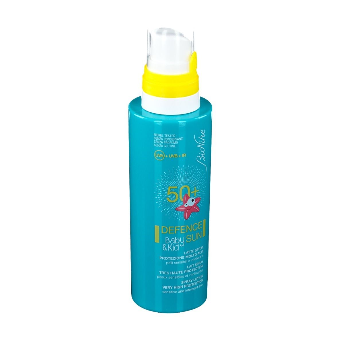 Flacon spray de lotion turquoise avec tête jaune. Inscription : Defence Baby Sun 50+ de BioNike.
