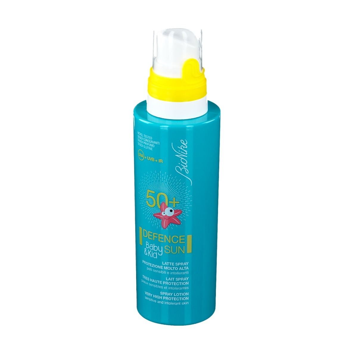 Flacon spray de lotion turquoise avec tête jaune. Inscription : Defence Baby Sun 50+ de BioNike.
