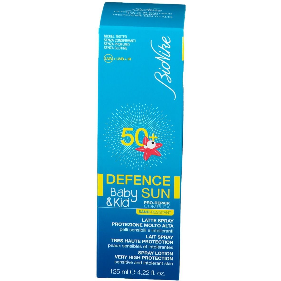 Emballage du produit : boîte turquoise. Inscription : Defence Baby Sun 50+ de BioNike.