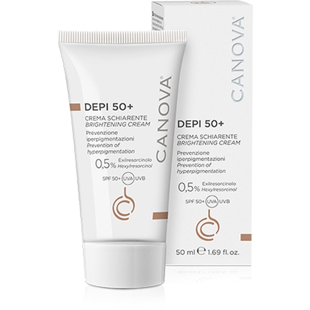 Tube et boîte de crème DEPI 50+ CANOVA. Contient des informations sur la prévention de l'hyperpigmentation et SPF 50+. 50 ml.
