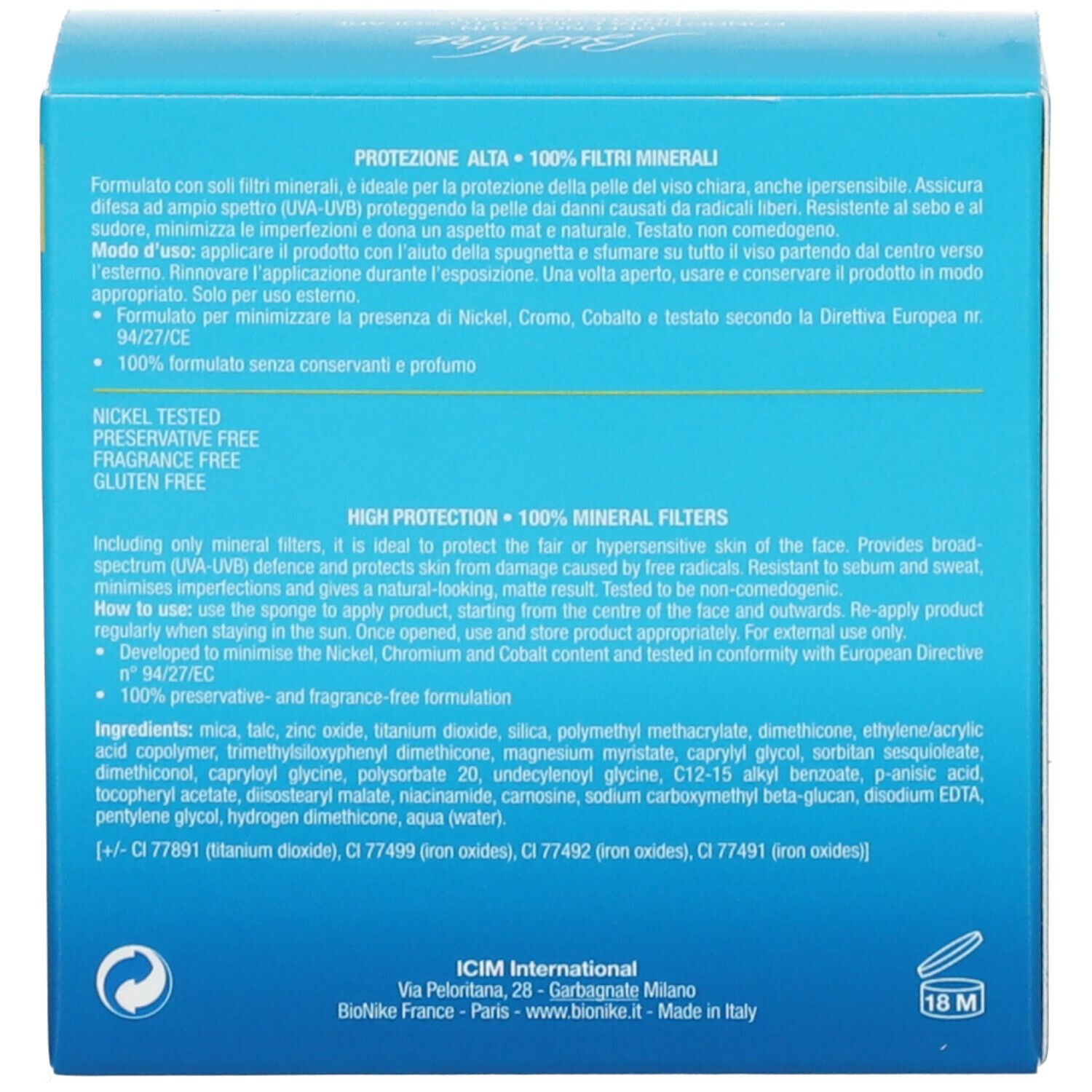 Dos de la boîte bleu clair. Texte multilingue. Ingrédients, certifications.
