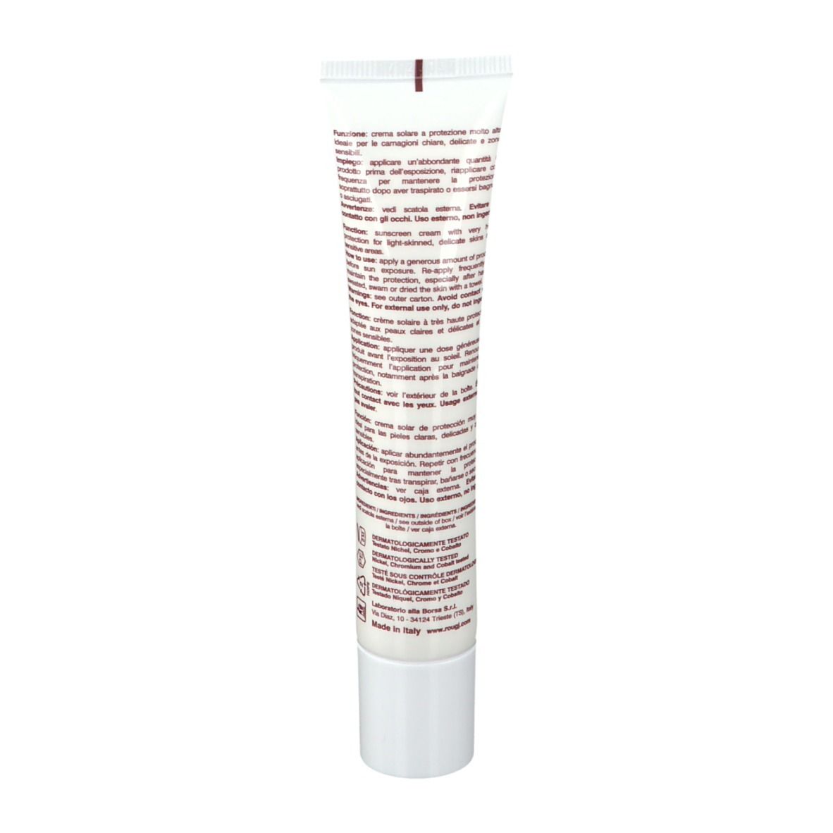 Dos du tube blanc. Texte en it, fr, nl, de. Informations sur la crème solaire.