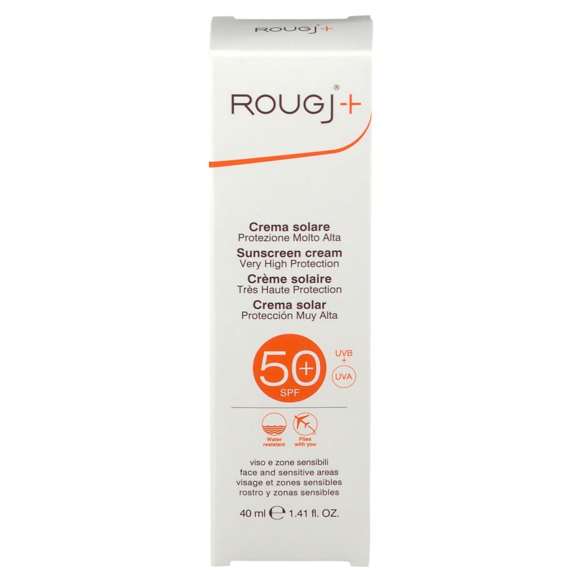 Boîte blanche ROUGJ+ crème solaire SPF 50+. Texte en it, fr, nl, de. 40 ml.