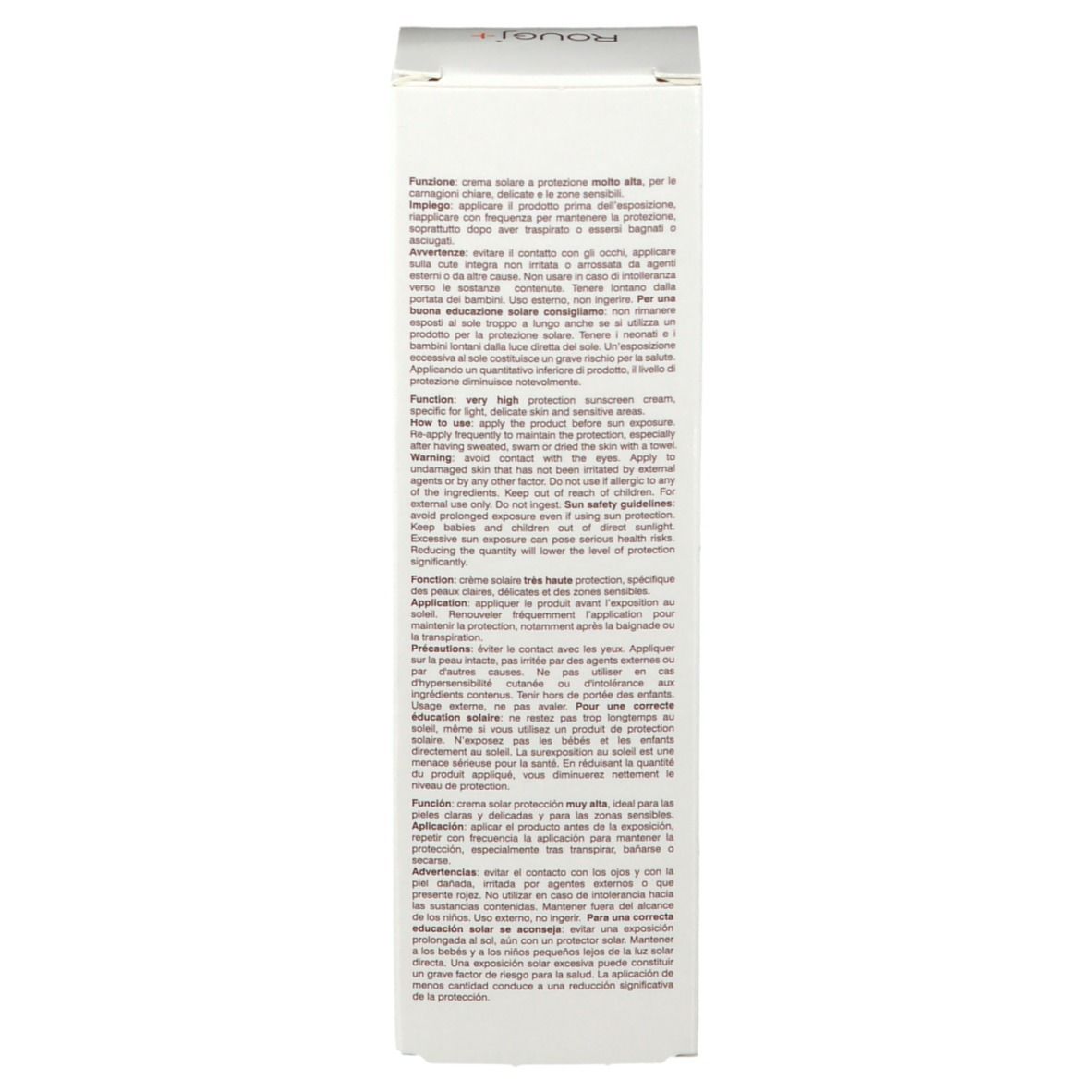 Côté de la boîte blanche avec texte en it, fr, nl, de. Informations sur la crème solaire.