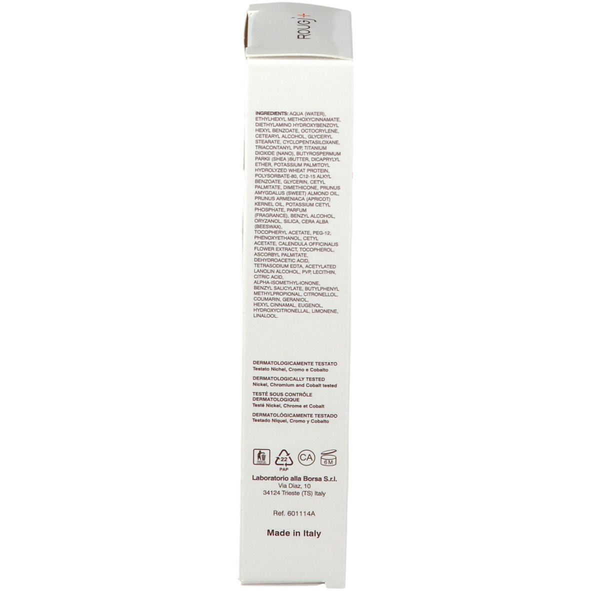 Côté de la boîte blanche avec ingrédients, certifications et Made in Italy.