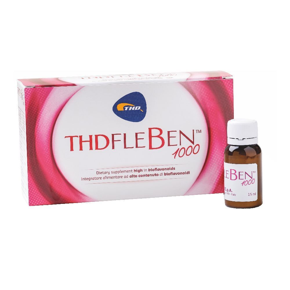 Boîte et flacon de Fleben® 1000. Flacon brun, bouchon blanc. Emballage avec nom et logo du produit.