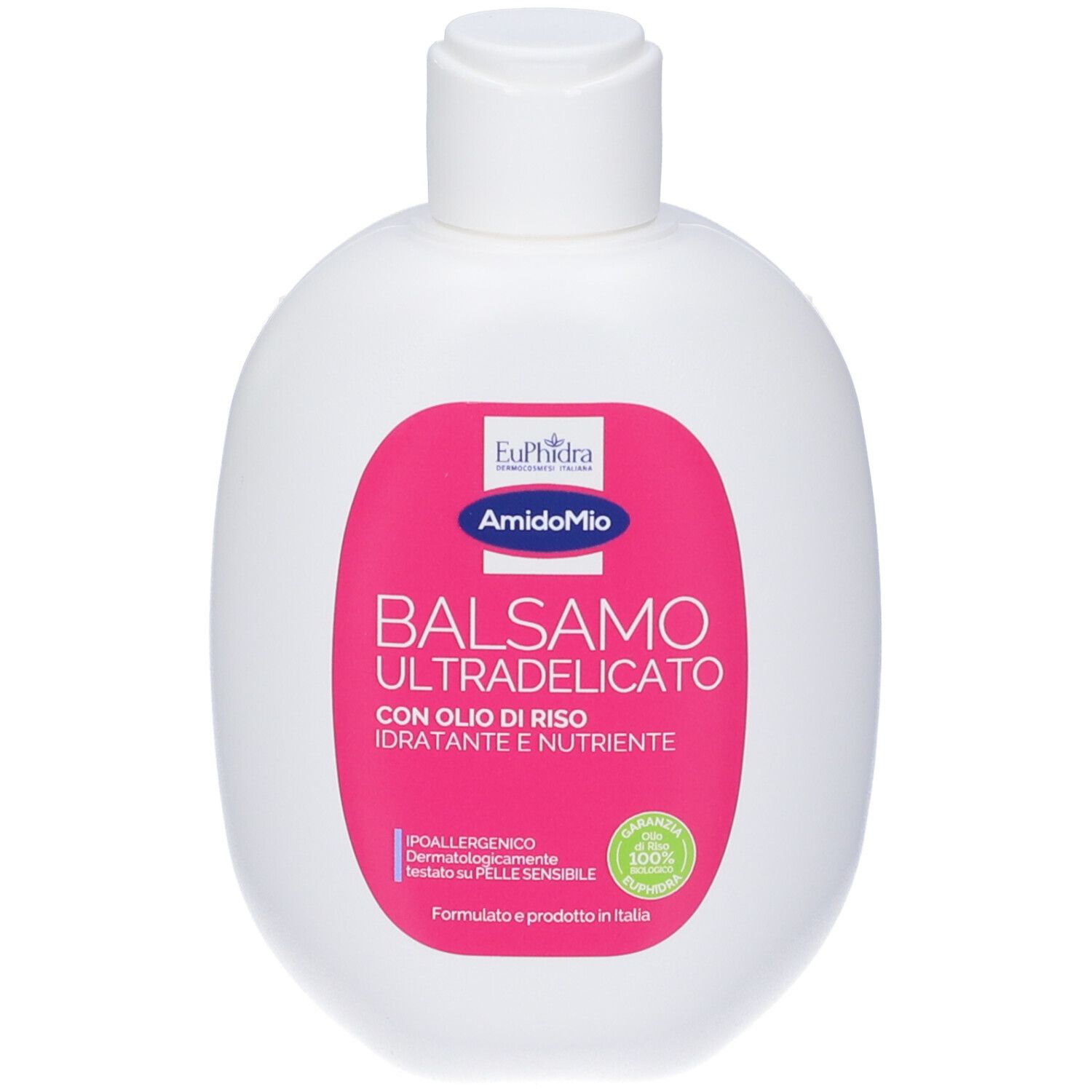 Bouteille blanche avec étiquette rose. Texte: AmidoMio Balsamo Ultradelicato. Huile de riz. Hypoallergénique, testé dermatologiquement.