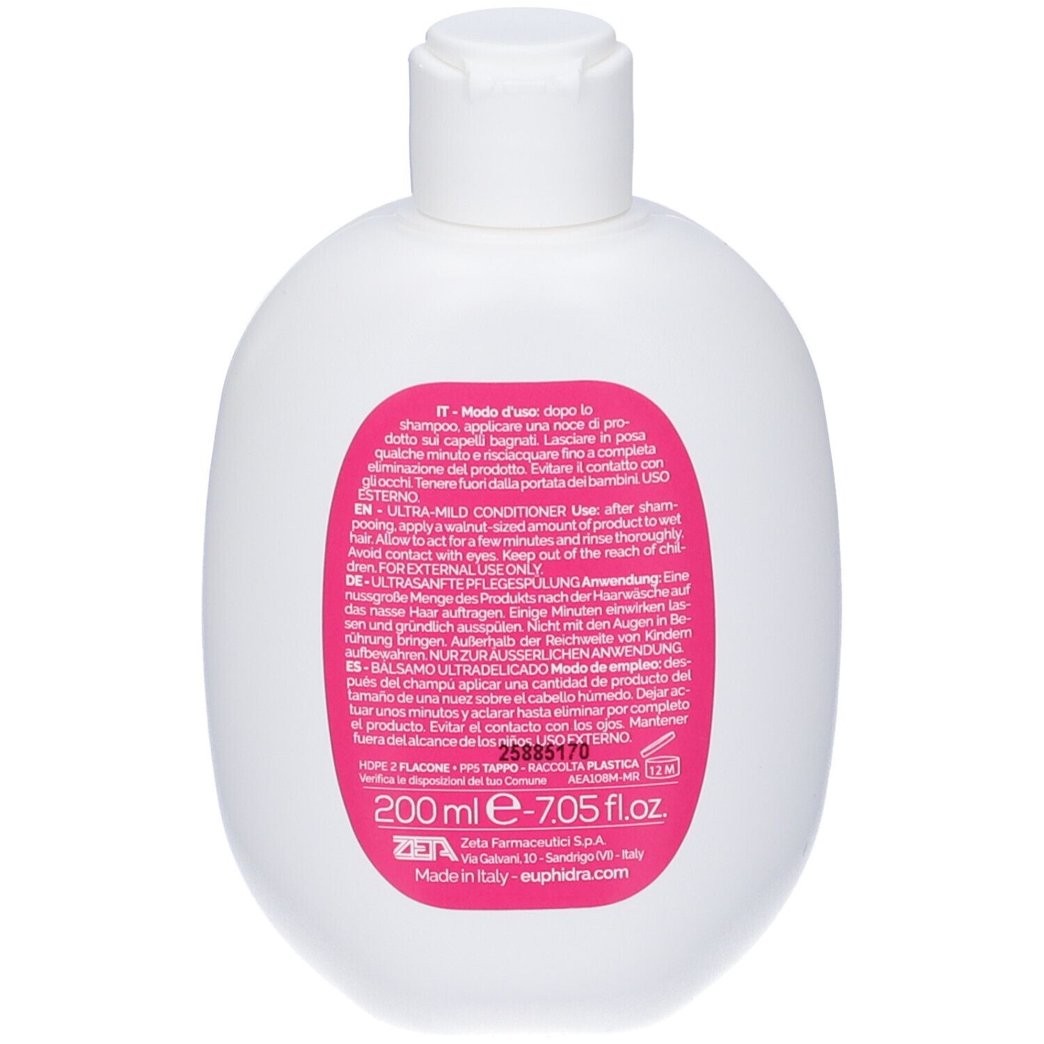 Dos d'une bouteille blanche. Étiquette rose avec texte. Contient des instructions et des ingrédients. 200 ml.