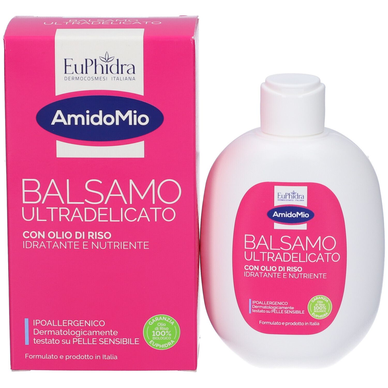 Emballage du produit. Boîte rose et bouteille blanche. Texte: AmidoMio Balsamo Ultradelicato. Huile de riz. Hypoallergénique.