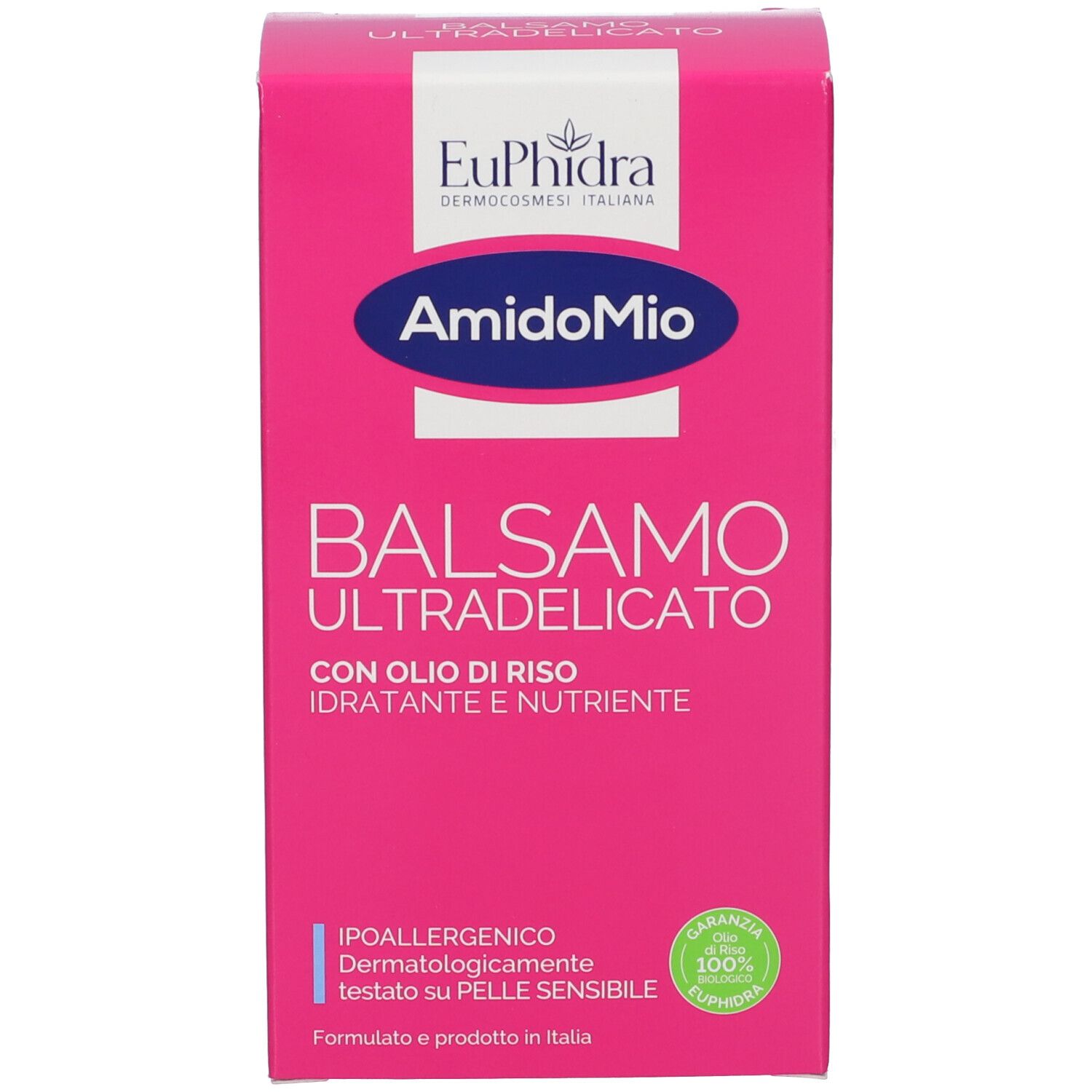 Boîte rose. Texte: AmidoMio Balsamo Ultradelicato. Huile de riz. Hypoallergénique, testé dermatologiquement.