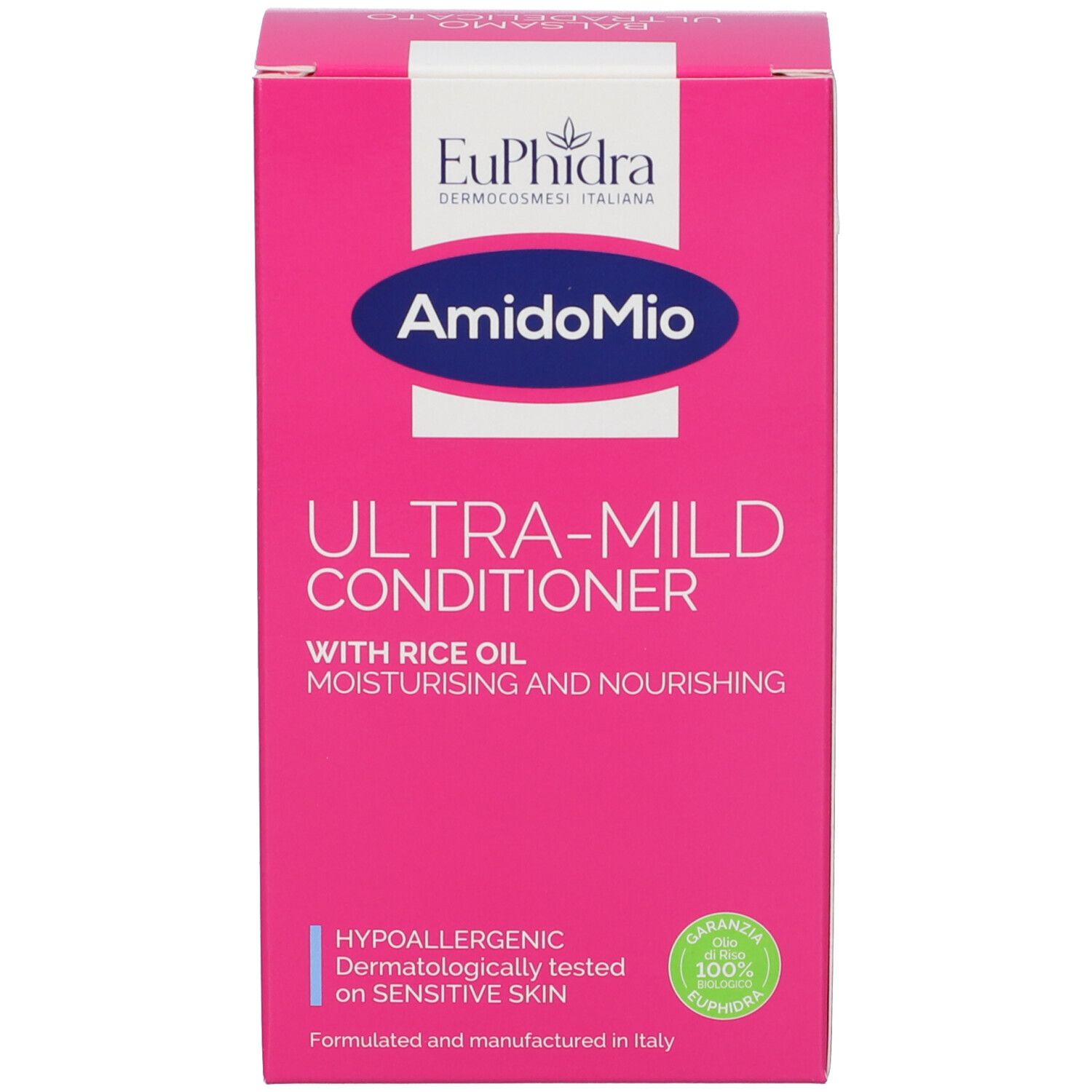 Emballage rose. Texte: AmidoMio Ultra-Mild Conditioner. Huile de riz. Hydratant et nourrissant.