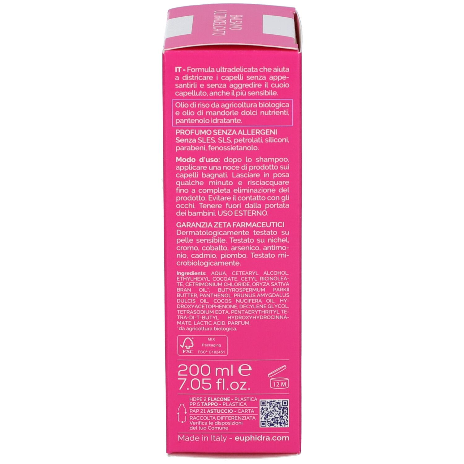 Dos d'un emballage rose. Texte en plusieurs langues. Contient des instructions et des ingrédients. 200 ml.