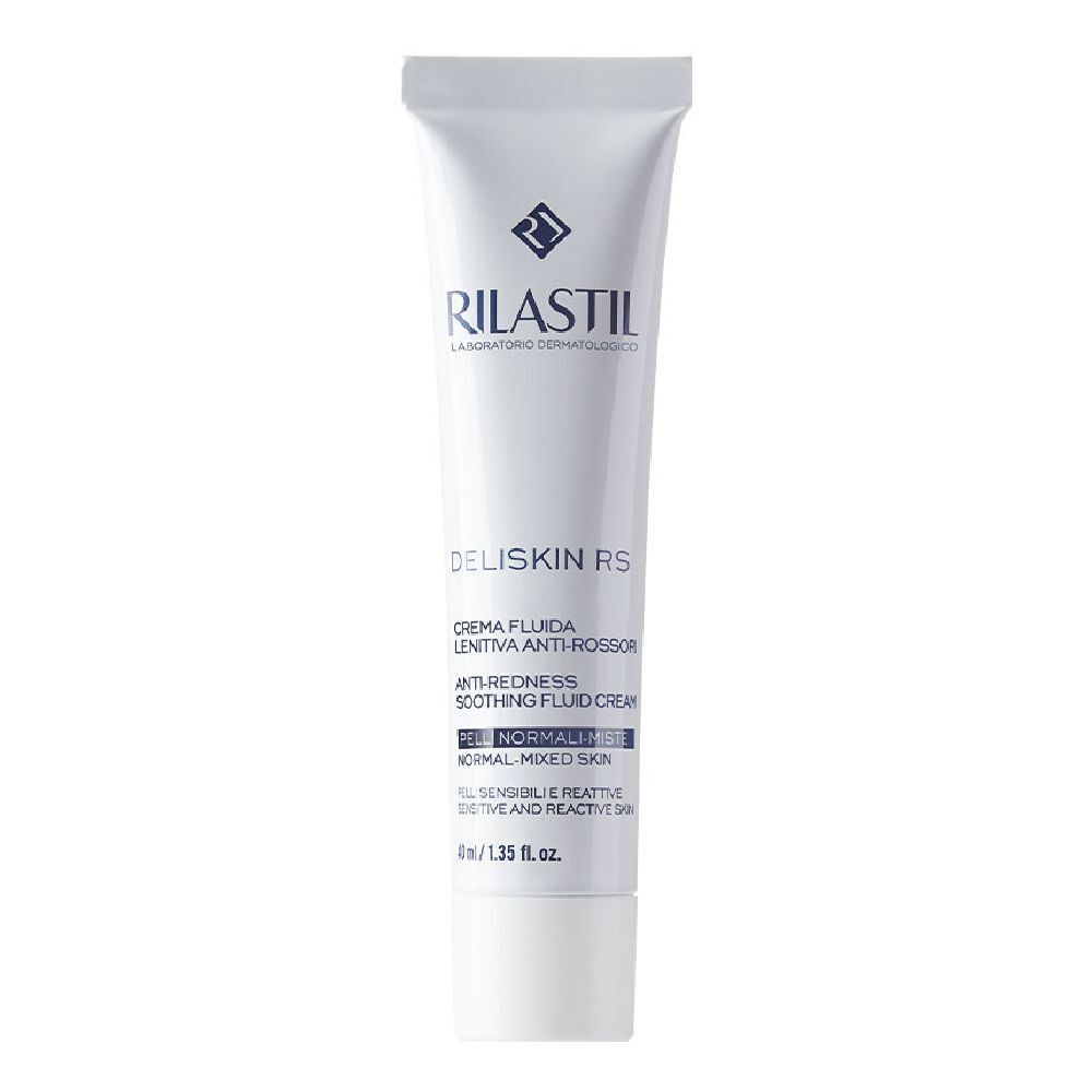 Tube Rilastil Deliskin RS. Texte bleu sur fond blanc. Crème anti-rougeurs pour peaux normales.