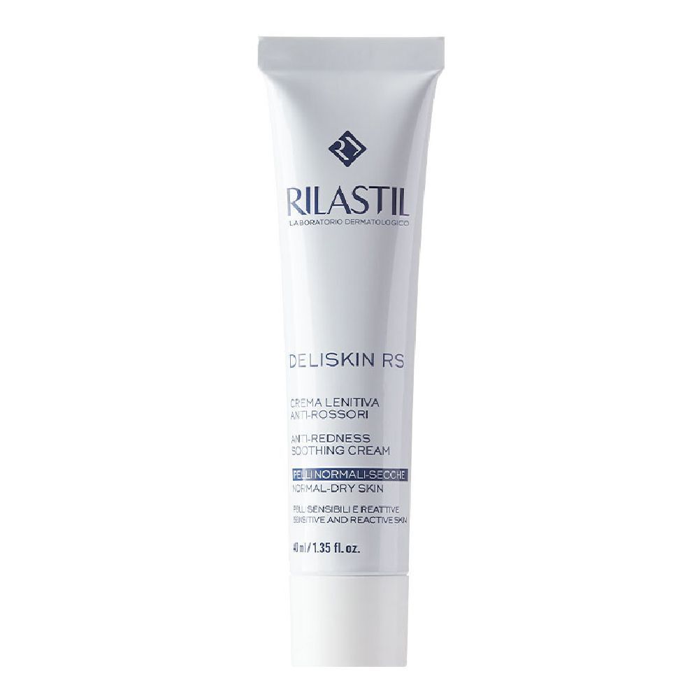 Tube de crème blanche avec logo et nom du produit. Texte : Deliskin RS, anti-rougeurs, pour peaux normales/sèches. 40 ml.