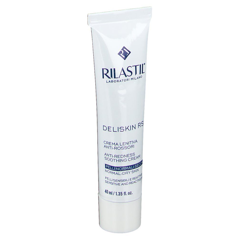 Tube de crème blanche avec logo et nom du produit. Texte : Deliskin RS, anti-rougeurs, pour peaux normales/sèches. 40 ml.