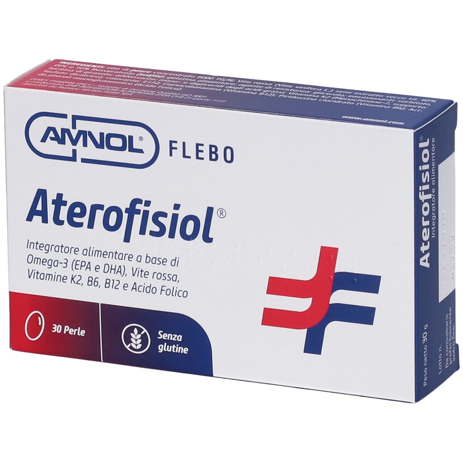 Boîte de 'Aterofisiol' en perles. Contient 30 perles. Marque: AMNOL. Inscription: 'Integratore alimentare'.