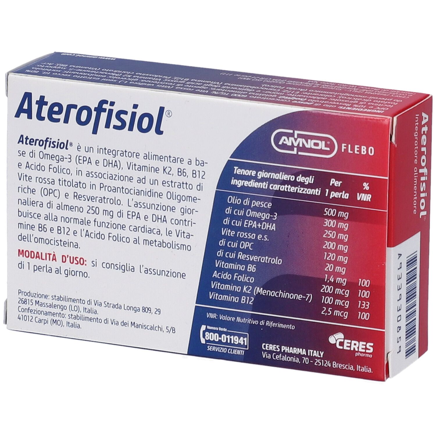 Dos de la boîte 'Aterofisiol'. Contient des informations sur les ingrédients et l'adresse du fabricant. Marque: AMNOL.