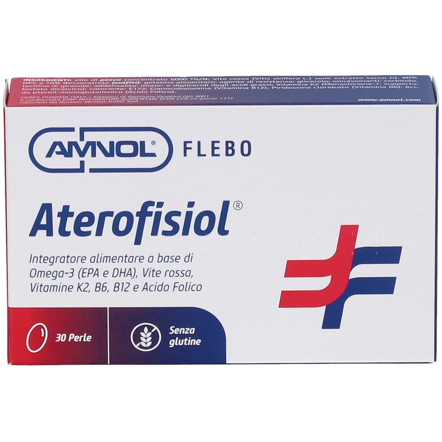 Boîte de 'Aterofisiol' en perles. Contient 30 perles. Marque: AMNOL. Inscription: 'Integratore alimentare'.