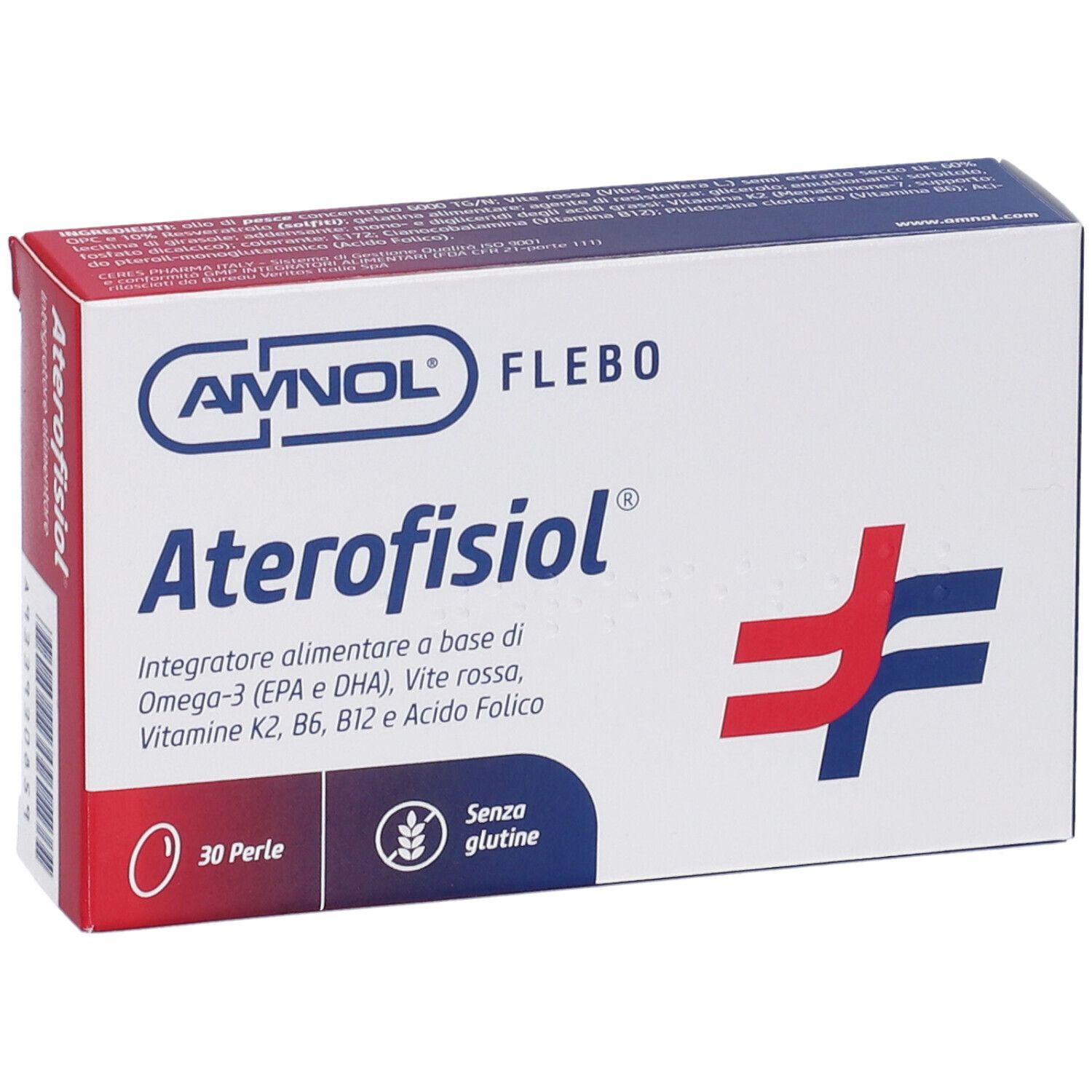 Boîte 'Aterofisiol'. Contient 30 perles. Marque: AMNOL. Inscription: 'Integratore alimentare'.