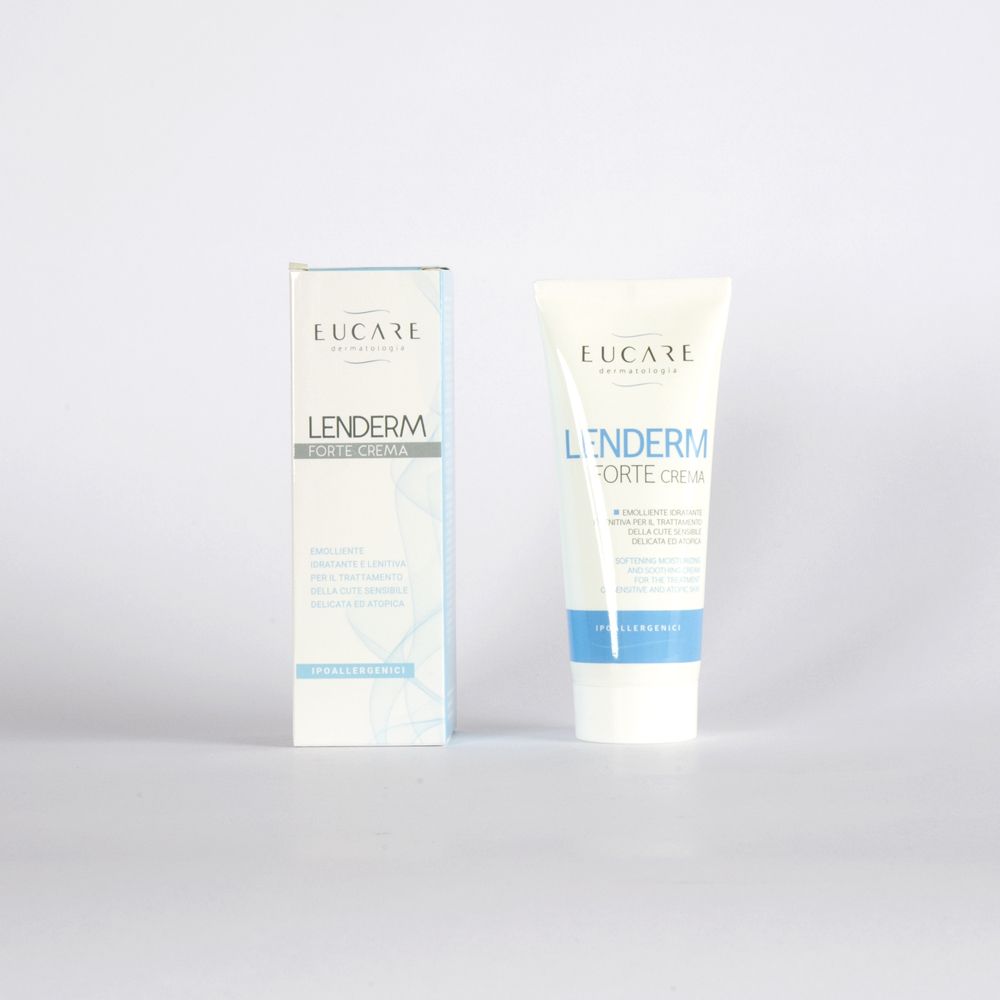 EUCARE Lenderm Forte Cream. Tube et boîte. Texte: « Lenderm Forte Cream ». Pour peaux sensibles. Hypoallergénique.