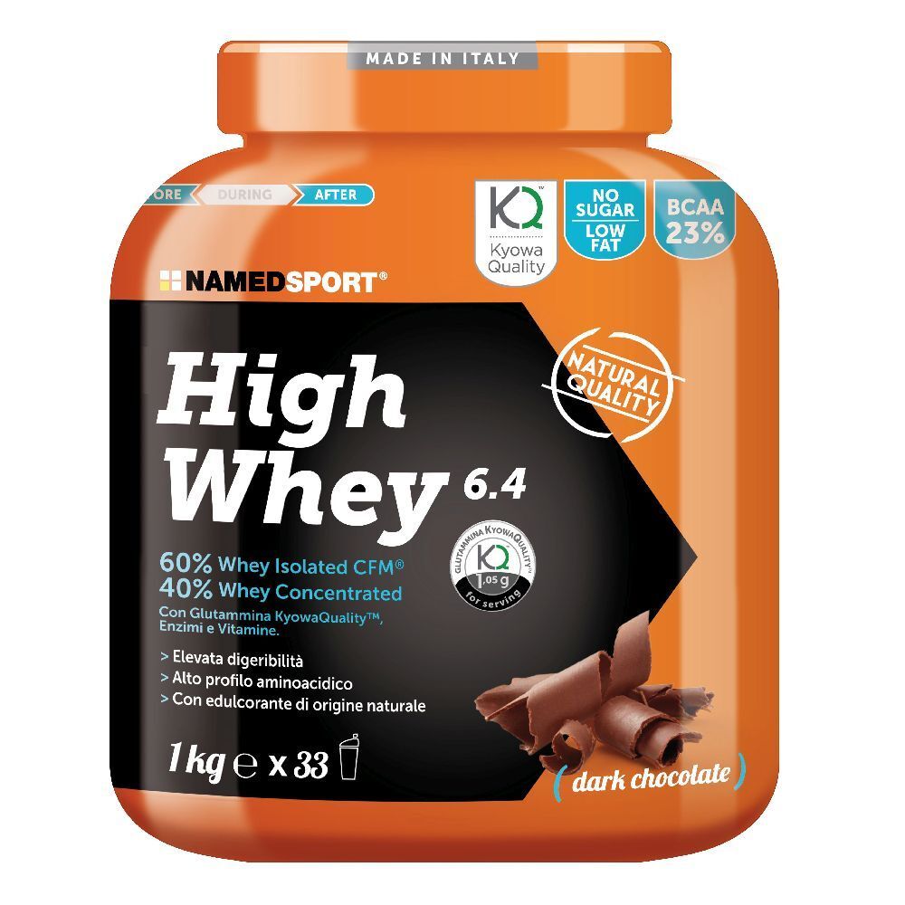 Pot orange de "High Whey 6.4 Dark Chocolate". Contient 60% d'isolat de lactosérum CFM, 40% de concentré de lactosérum. Avec BCAA 23%.