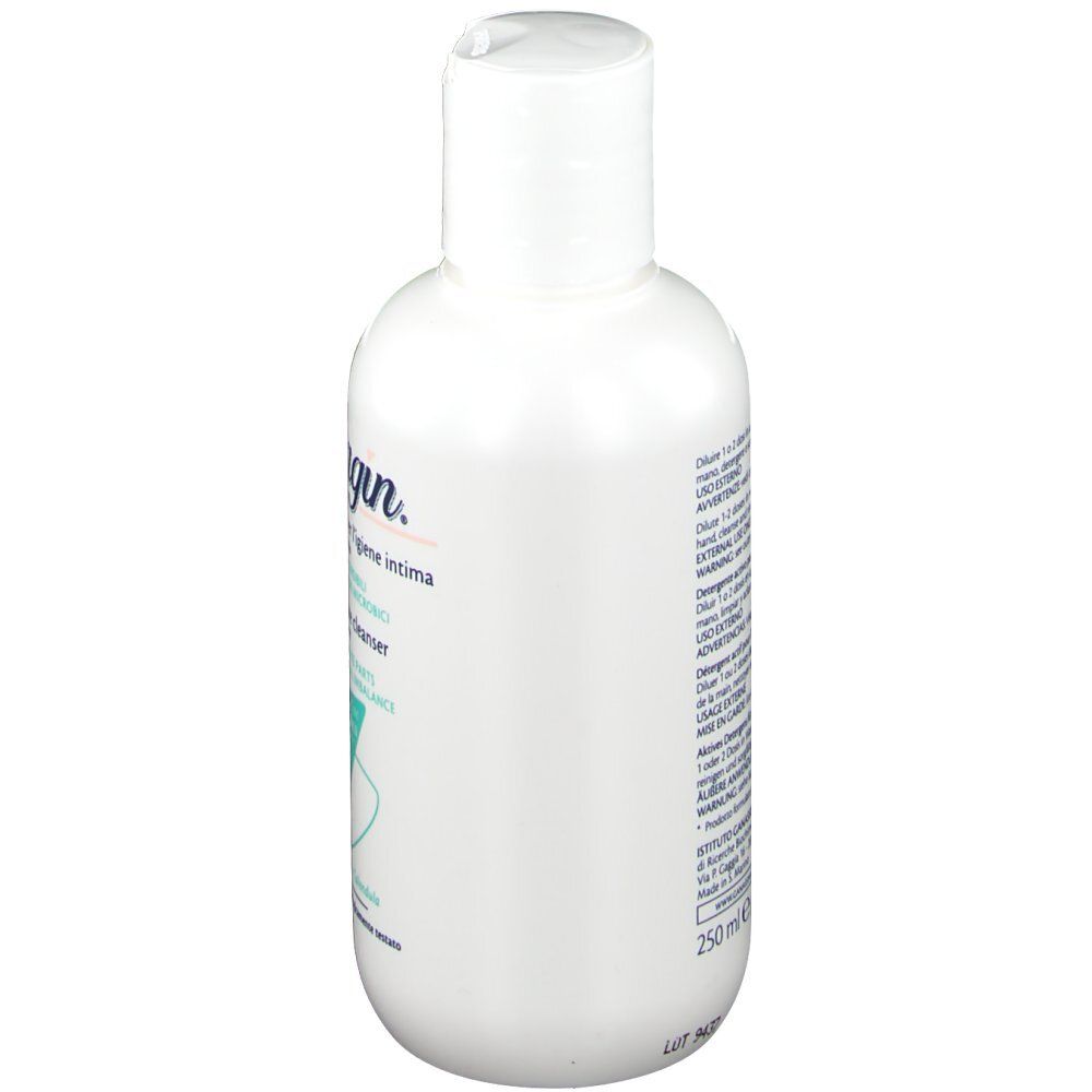 Flacon blanc avec bouchon rabattable. Inscription Alkagin. Texte en italien. 250 ml.