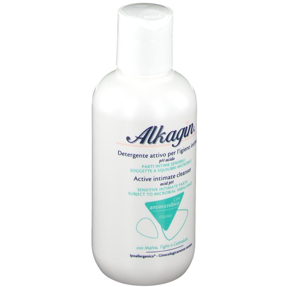 Flacon blanc avec bouchon rabattable. Inscription Alkagin, Active Intimate Cleanser, pH acide. Formule antimicrobienne.