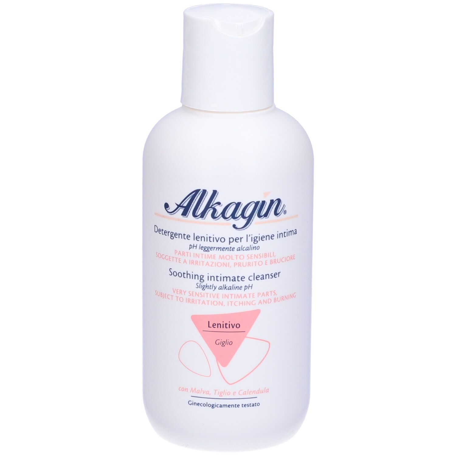 Flacon blanc Alkagin. Inscriptions en italien et anglais. Nettoyant intime apaisant pour zones sensibles.