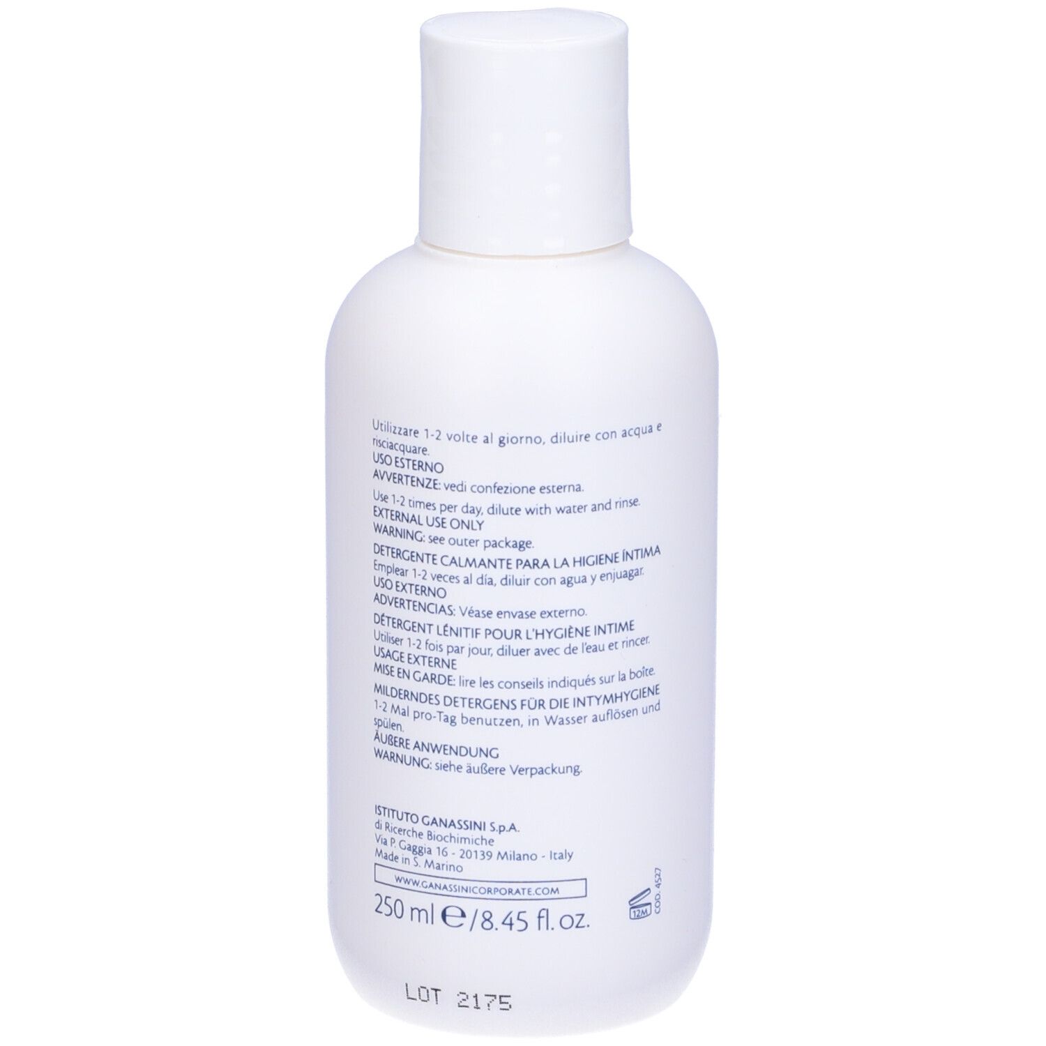 Flacon blanc, vue arrière. Inscriptions en italien et anglais. Nom du produit : Alkagin. 250 ml.