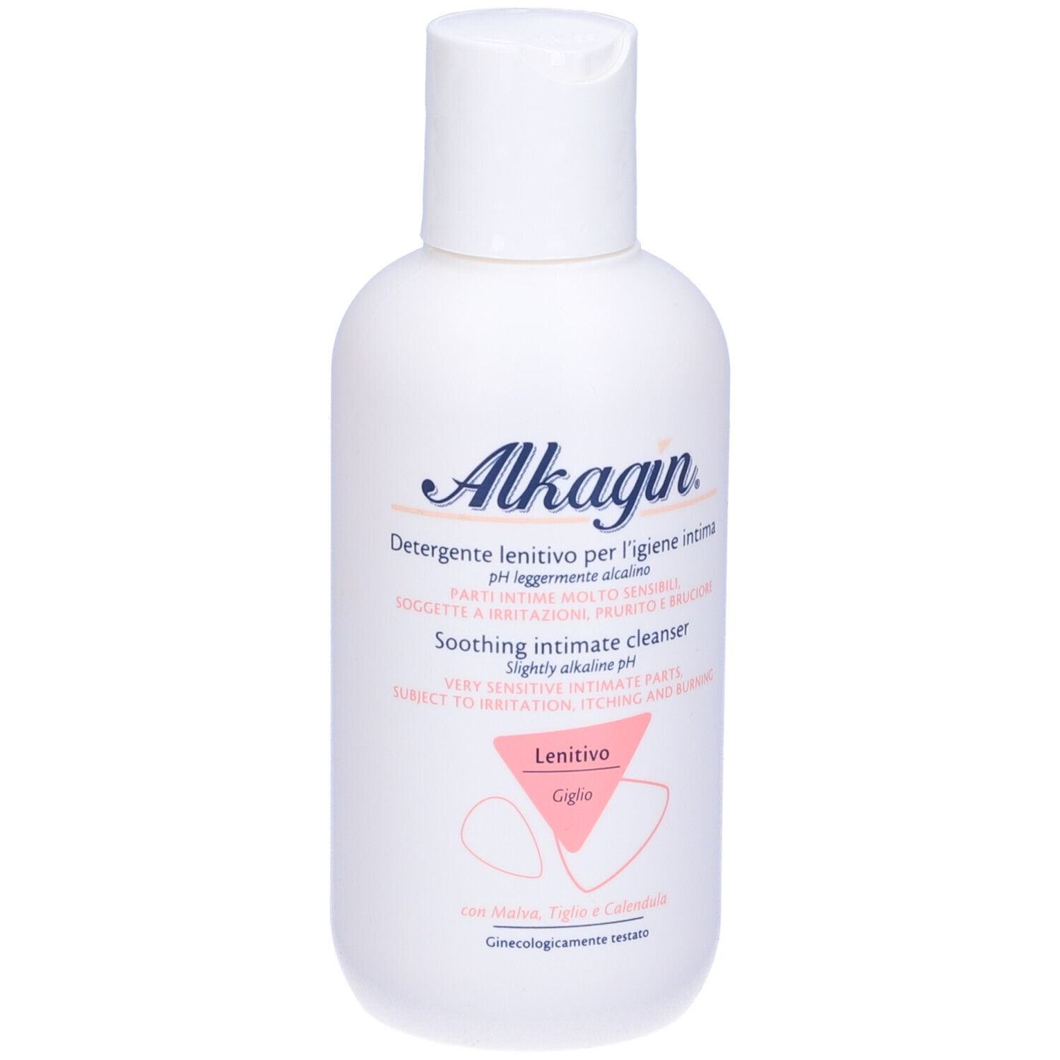 Flacon blanc Alkagin. Inscriptions en italien et anglais. Nettoyant intime apaisant pour zones sensibles.