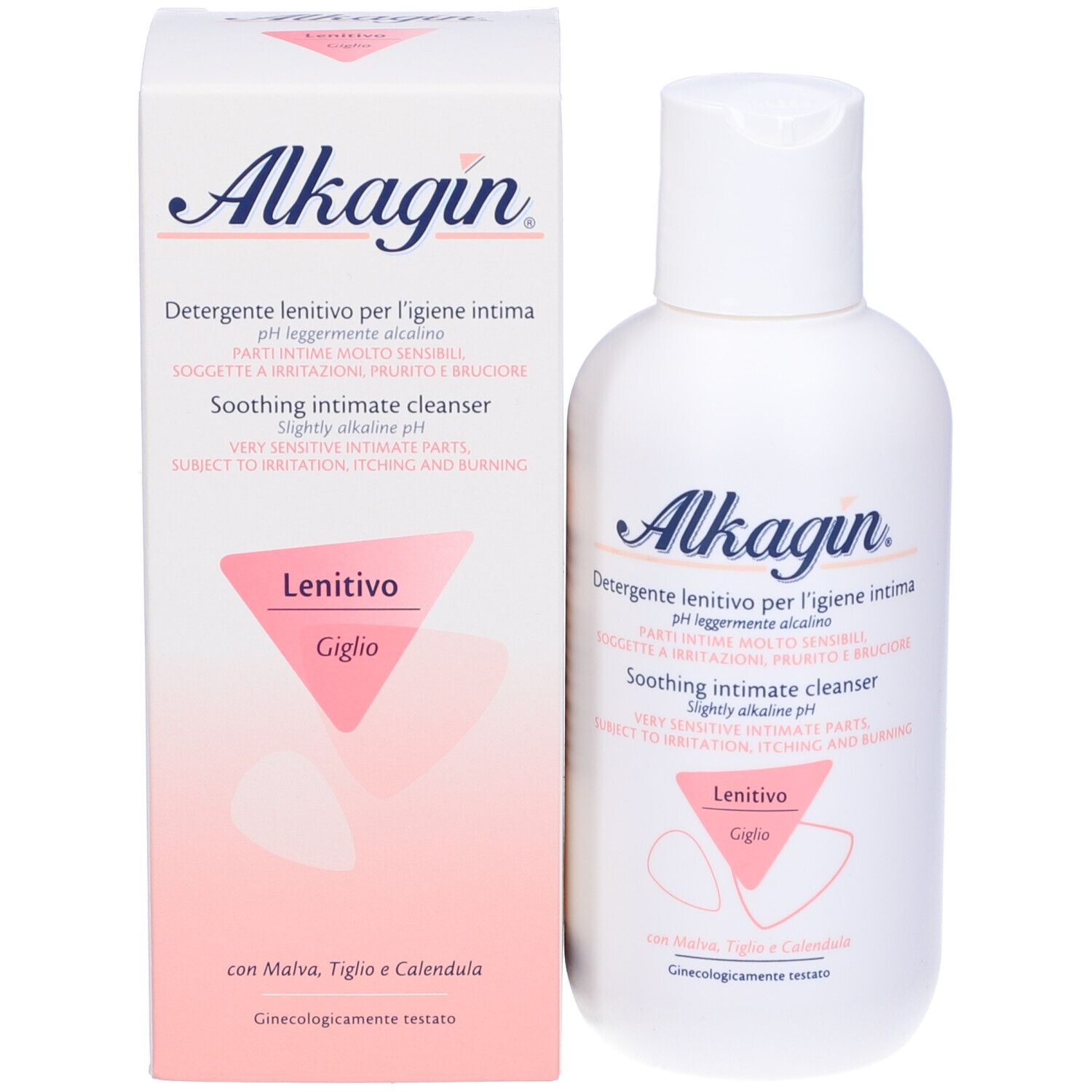 Flacon et boîte Alkagin. Inscriptions en italien et anglais. Nettoyant intime apaisant pour zones sensibles.