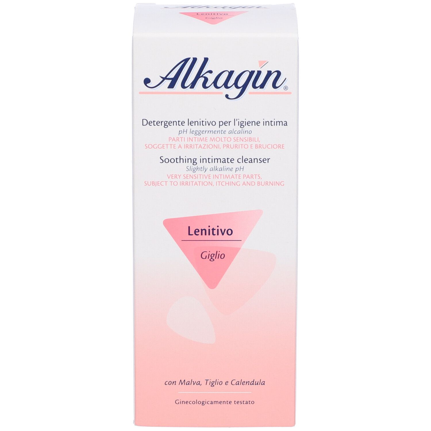 Boîte Alkagin. Inscriptions en italien et anglais. Nettoyant intime apaisant pour zones sensibles.