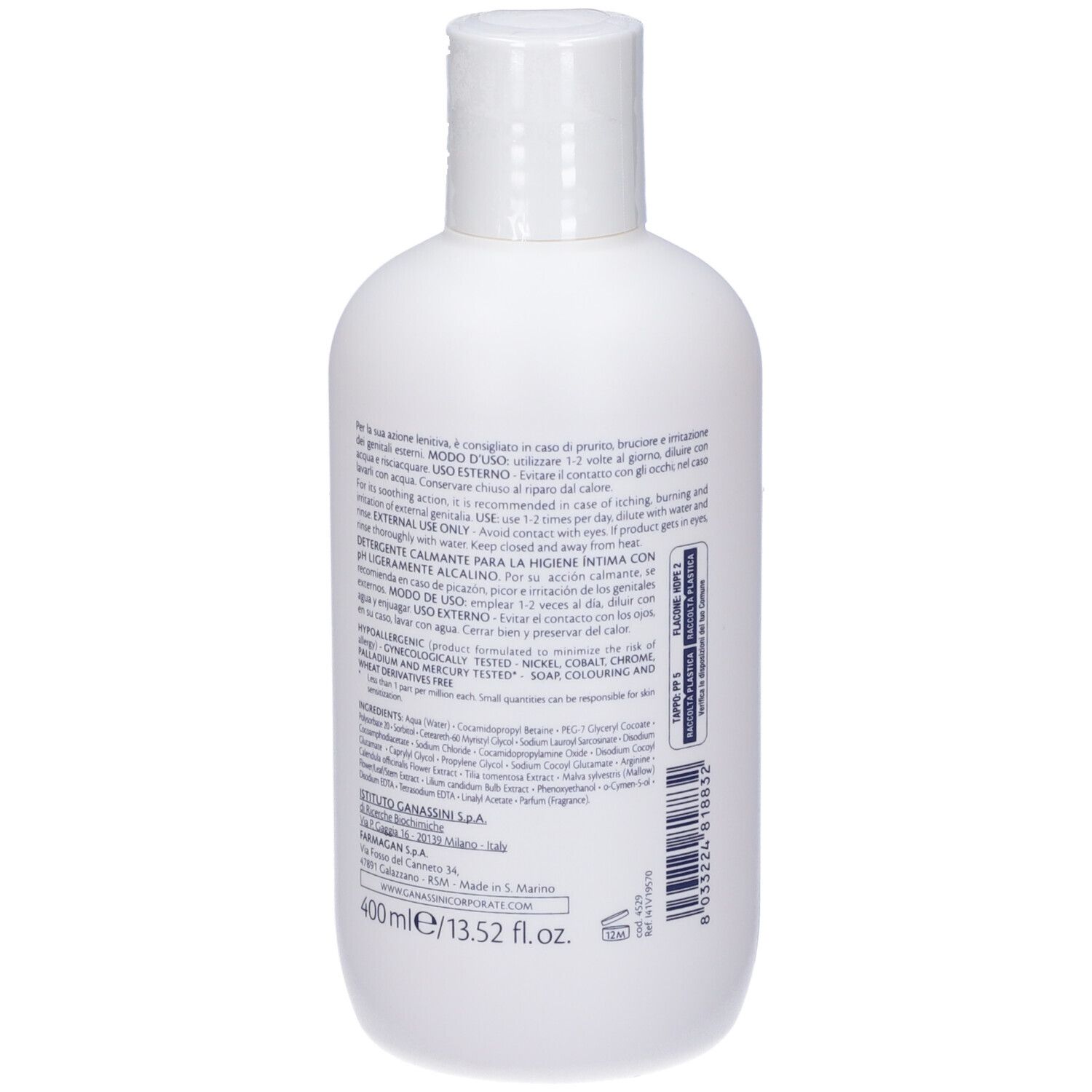 Flacon blanc avec bouchon rabattable. Dos avec texte en italien. Volume : 400 ml.