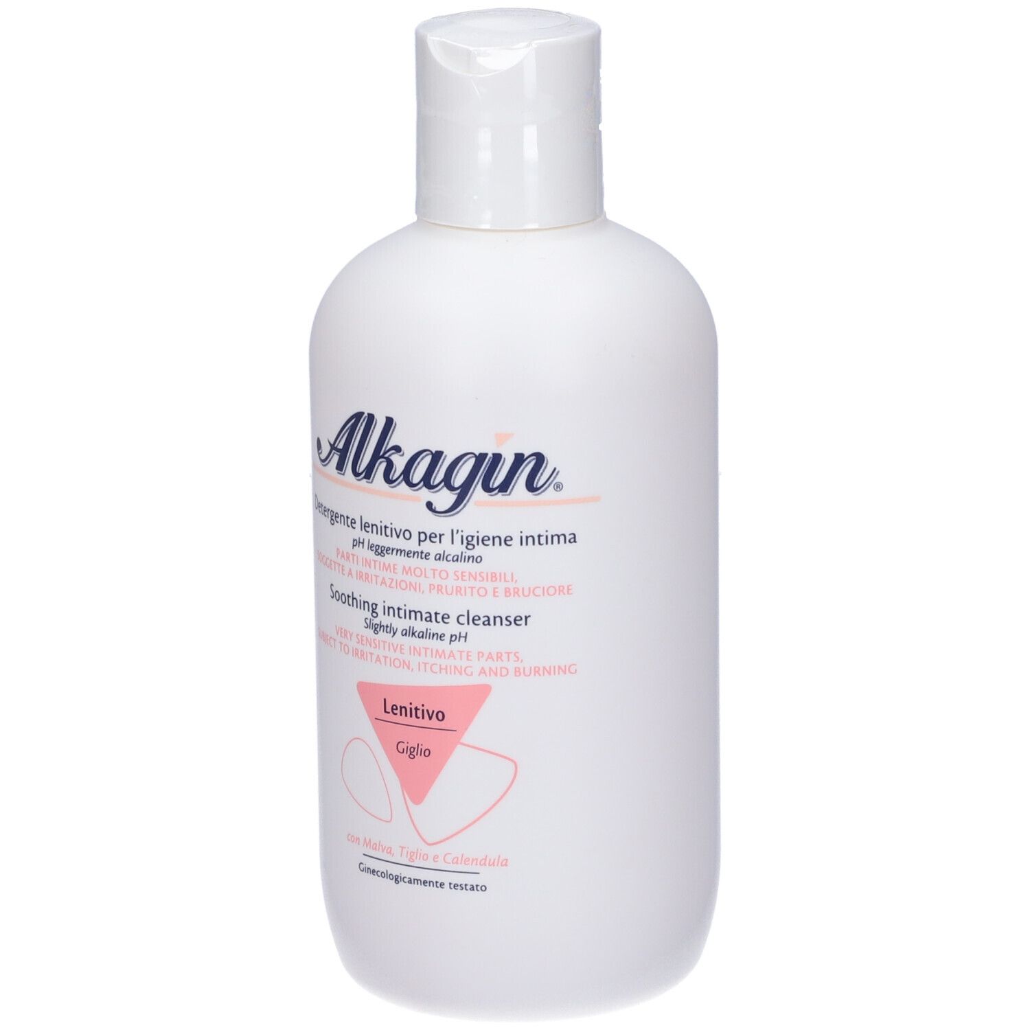 Flacon blanc avec bouchon rabattable. Inscription Alkagin, texte italien et traduction anglaise. Logo rose.