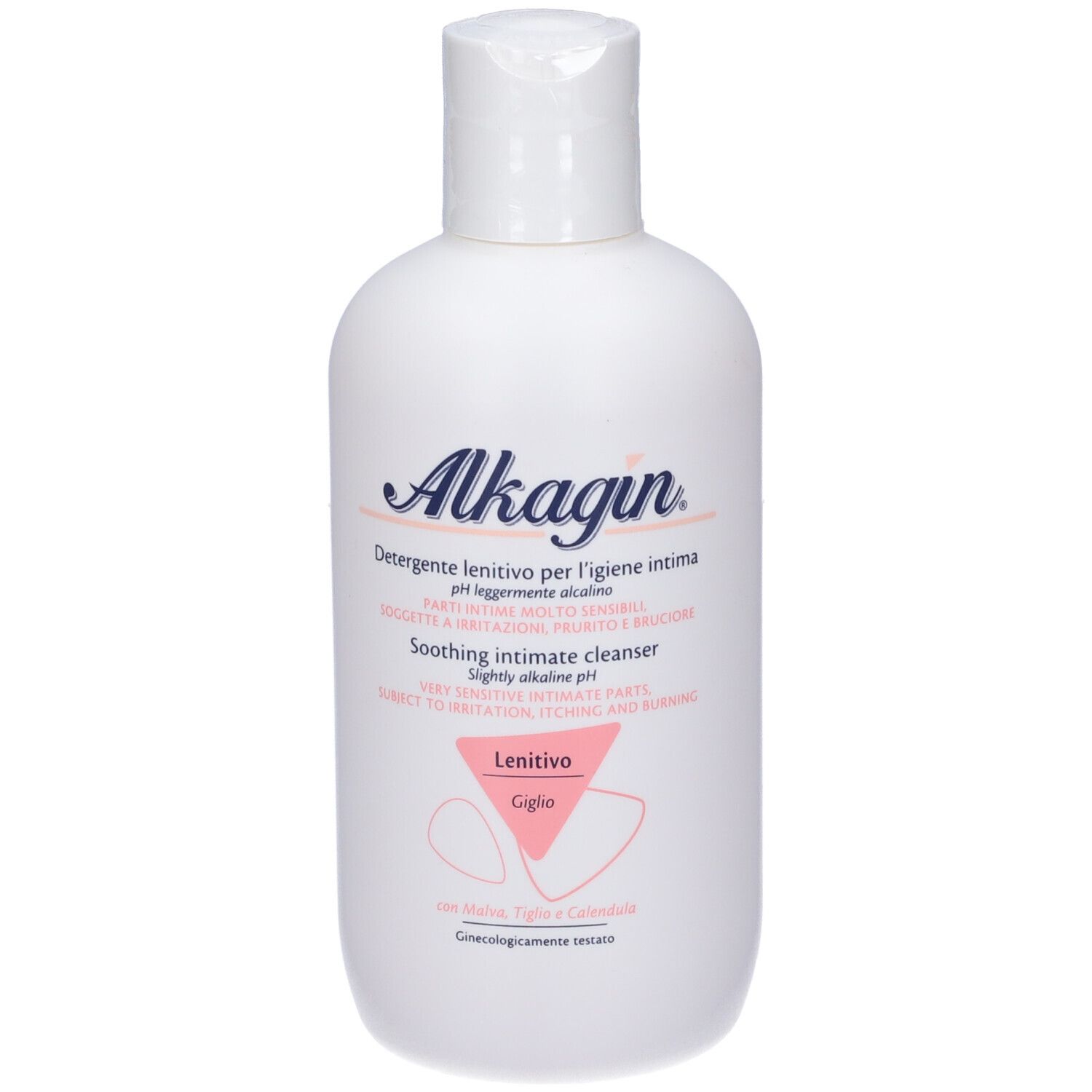 Flacon blanc avec bouchon rabattable. Inscription Alkagin, texte italien et traduction anglaise. Logo rose.