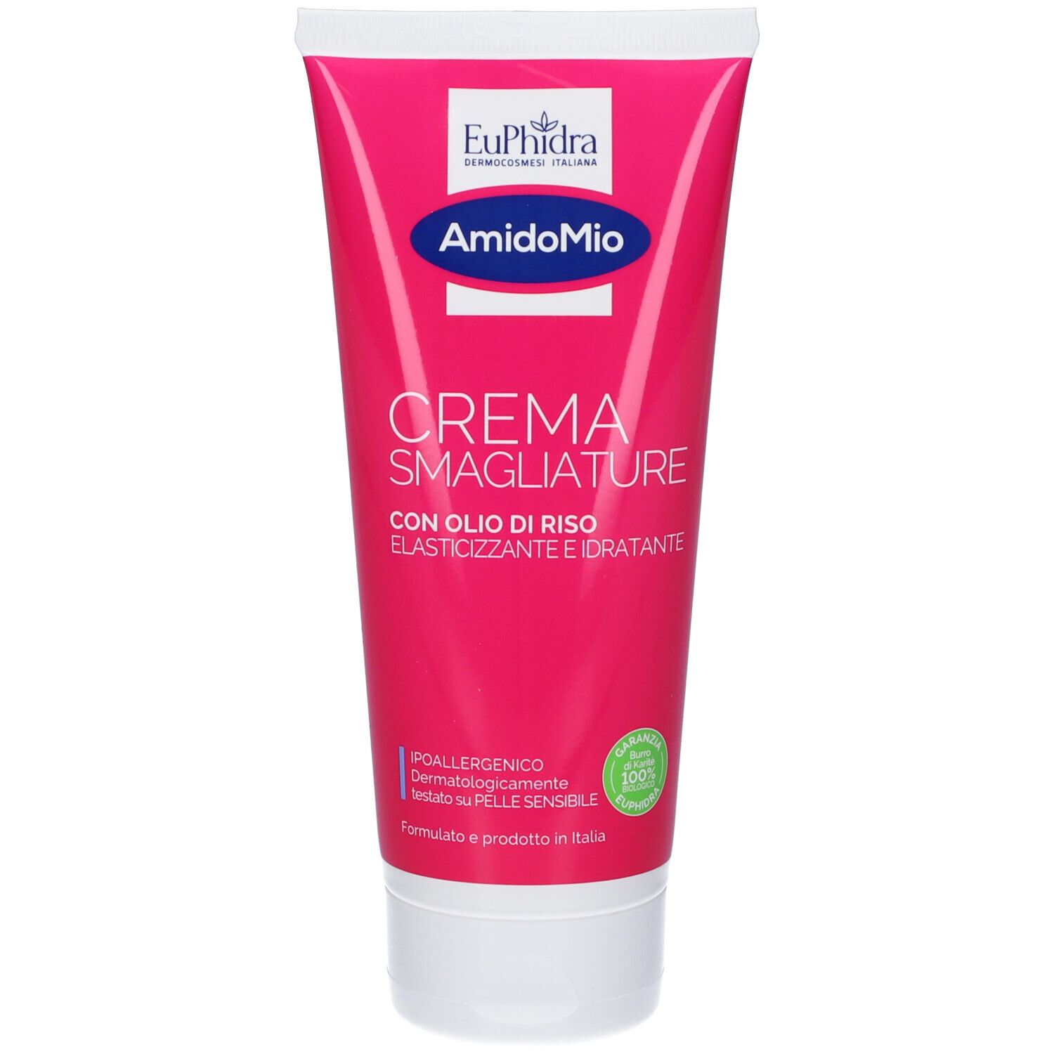 Tube rose avec bouchon blanc. EuPhidra et AmidoMio en haut. Crème Smagliature en dessous. Huile de riz, élastique et hydratante.