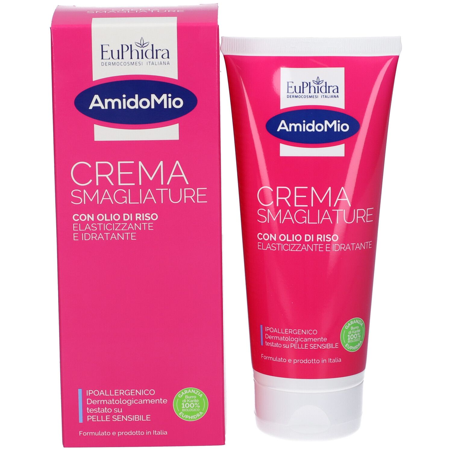 Tube et boîte roses. EuPhidra et AmidoMio. Crème Smagliature. Huile de riz, élastique et hydratante. Sur la boîte et le tube.