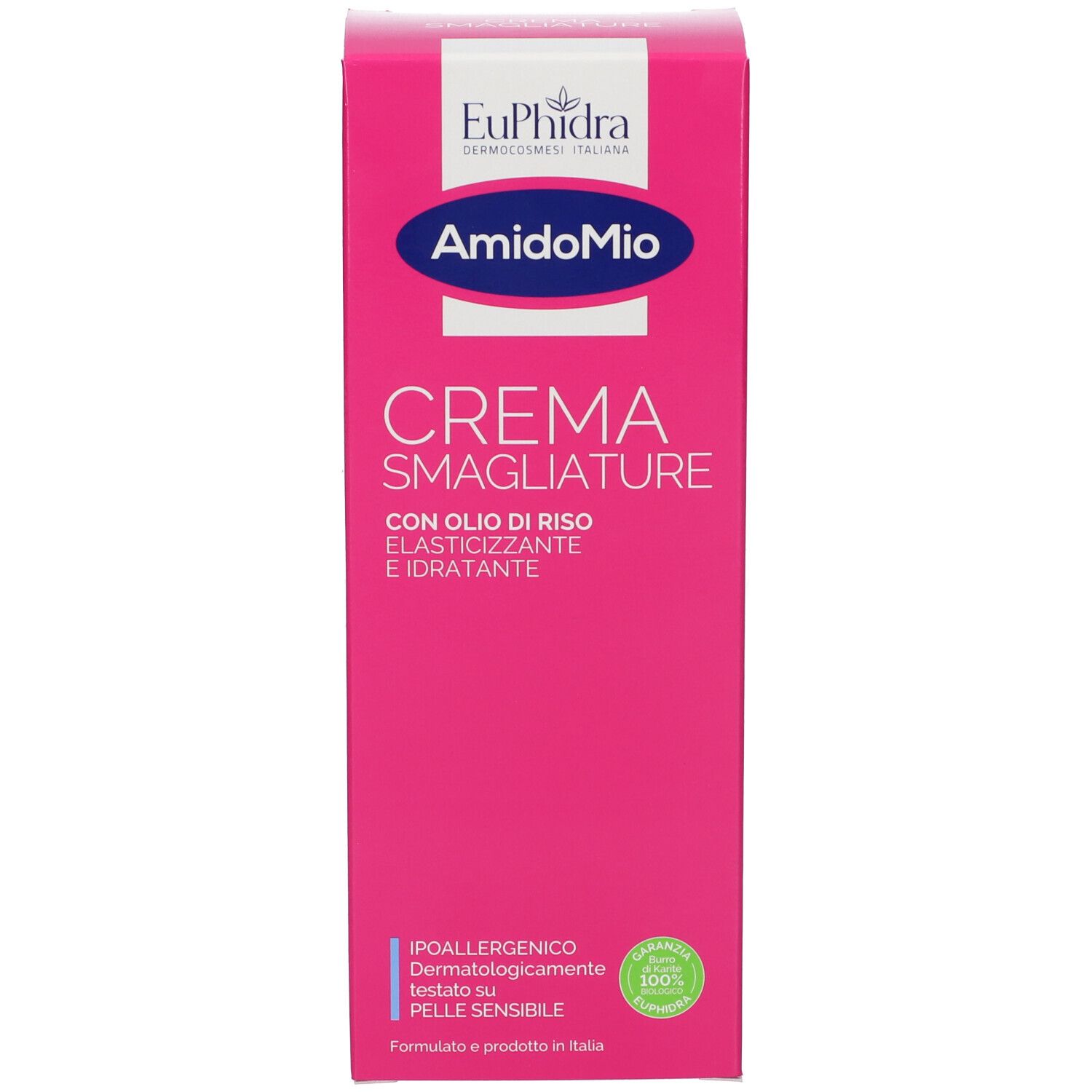 Boîte rose. EuPhidra et AmidoMio en haut. Crème Smagliature en dessous. Huile de riz, élastique et hydratante.