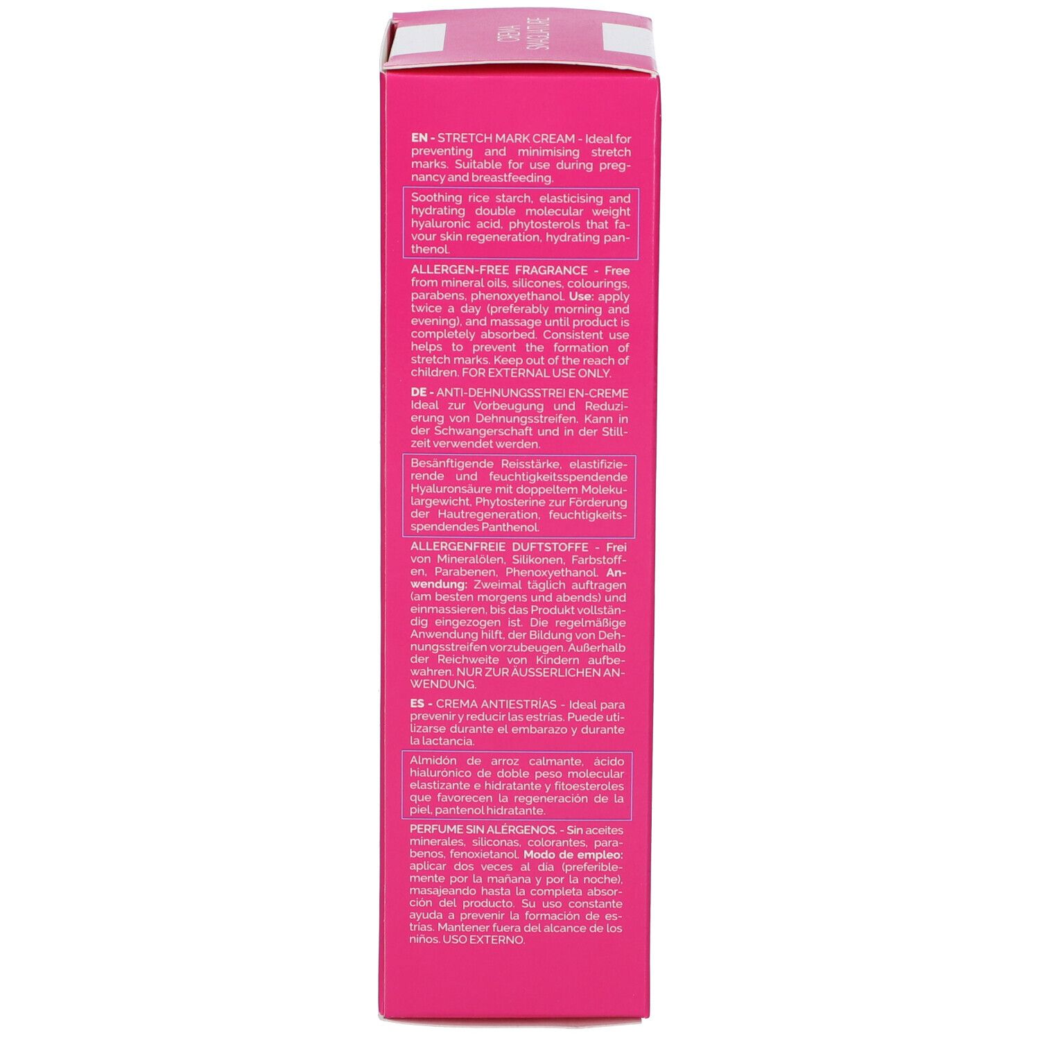 Dos d'une boîte rose. Texte en plusieurs langues. Informations sur les ingrédients et l'utilisation.