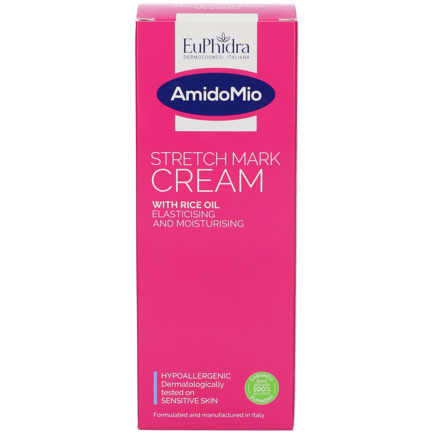 Boîte rose. EuPhidra et AmidoMio en haut. Stretch Mark Cream en dessous. Huile de riz, élastique et hydratante.