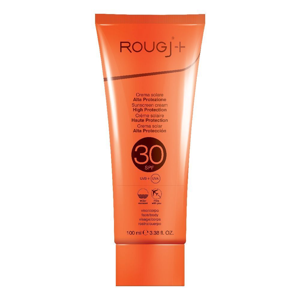 Tube orange Rougj+ Sonnenschutz SPF 30. Texte: Crème solaire, Alta Protezione, Sunscreen cream, High Protection. SPF 30.