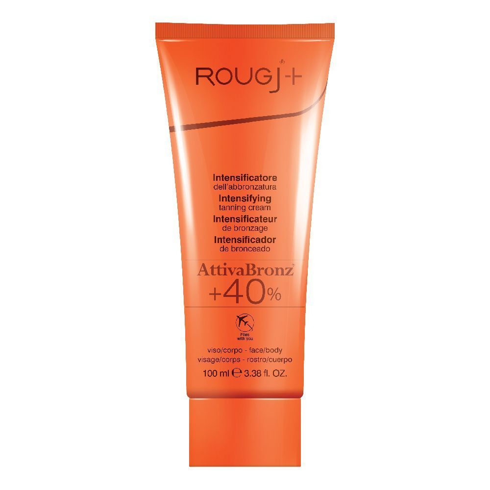 Tube orange avec texte et nom du produit. AttivaBronz +40% visible. Visage/corps. 100 ml.