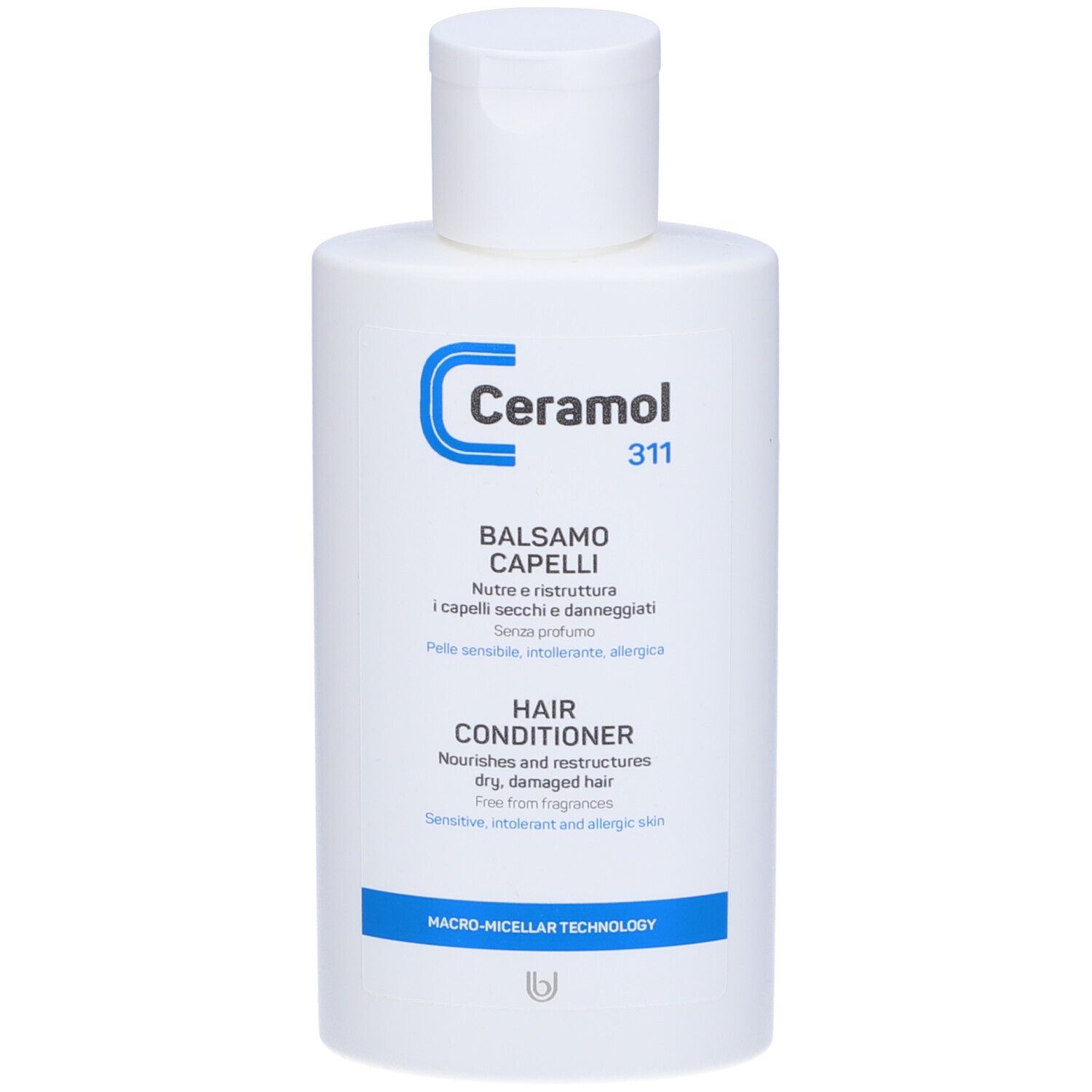 Flacon blanc avec logo bleu Ceramol et texte "311". Texte : Balsamo Capelli, Hair Conditioner.