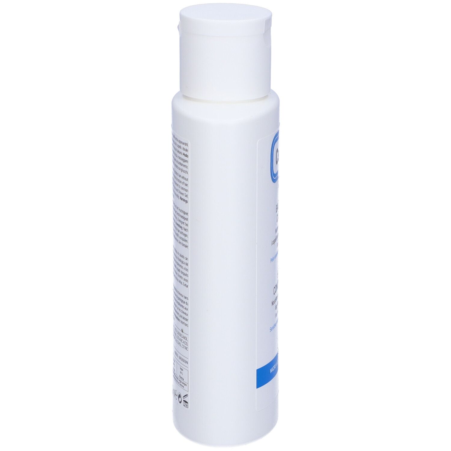 Flacon blanc, vue latérale. Texte sur le flacon. Ceramol 311. Balsamo Capelli, Hair Conditioner.