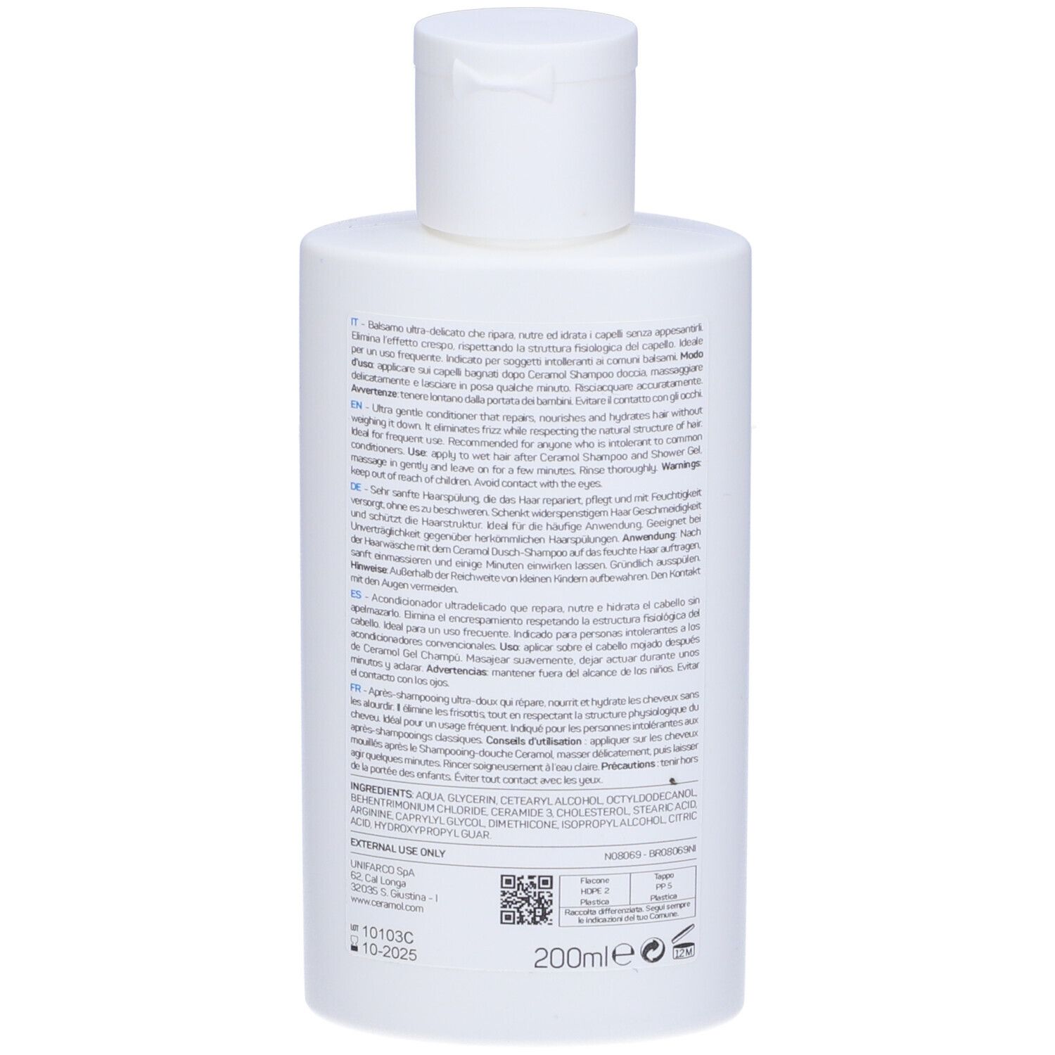 Dos du flacon blanc. Texte en plusieurs langues. Ceramol 311. 200ml. Ingrédients, mode d'emploi.